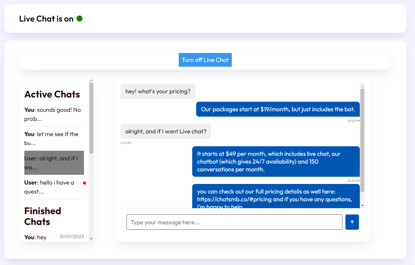 ChatSMB's live chat feature